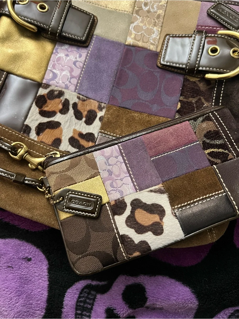 Coach Multicolor Patchwork Leather & Suede Shoulder Bag with Matching Wristlet